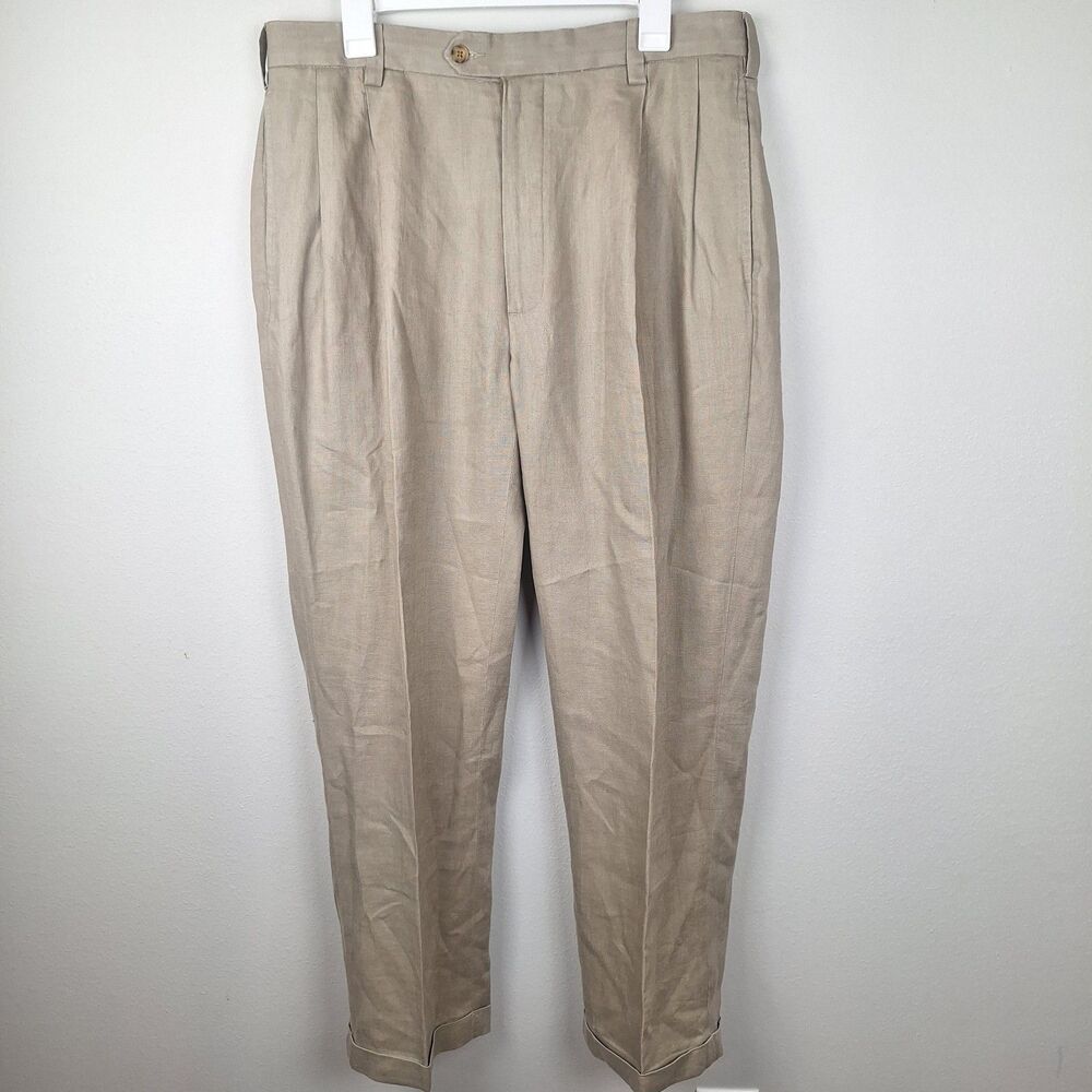 Vintage Jos A Bank Pants Mens 36x30  Linen Cuff Pleated Traveller's Collection